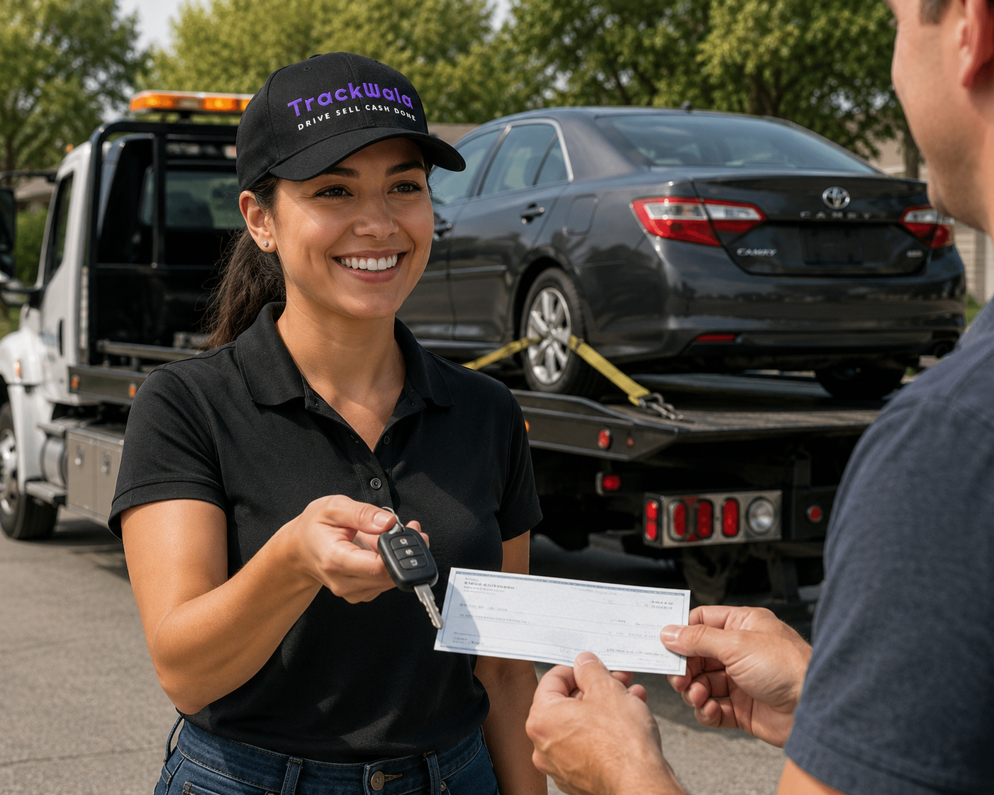 Fremont damaged car buyer handing payment and keys with vehicle on tow truck
